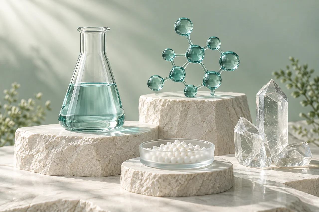 Conceptual 3D illustration of scientific glassware, molecules and pellets